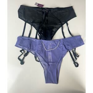 NWT Adore Me Purple & Black Sheer Lace Pearl Underwear Nixie Strappy Panties XL